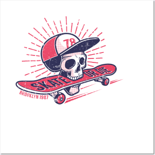 Cool youth skateboarding authentic retro street emblem with skull in baseball cap Posters and Art